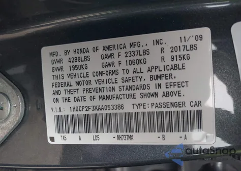 2010 Honda Accord 2.4 Lx from USA, damaged, VIN 1HGCP2F3XAA053386